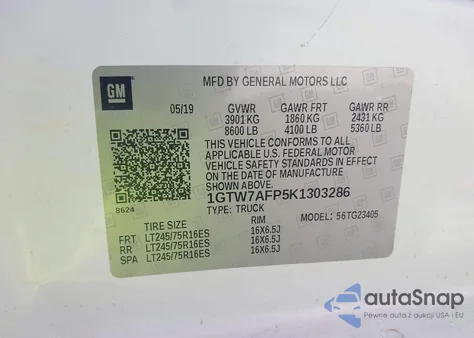 2019 GMC Savana 2500 Work Van z USA, uszkodzony, nr VIN 1GTW7AFP5K1303286